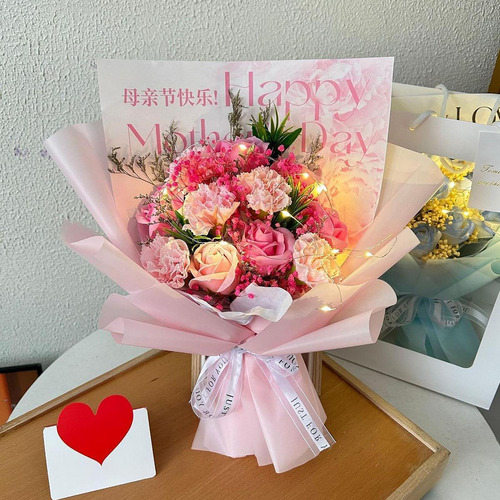 Buquê De Flores De Sabão 38 Cm De Altura Decoração Rosa