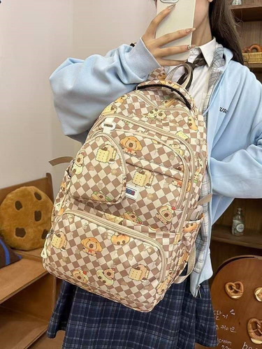 Nueva Mochila Para Estudiantes De Gran Capacidad, Bolsa De Viaje Con Estampado De Capibara De Dibujos Animados, Mochila Para Computadora Portátil. Caqui Nylon