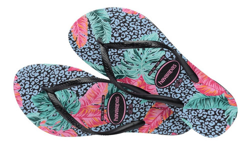 Imagen 2 de 8 de Ojotas Havaianas Slim Animal Floral Preto Negro Mujer