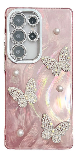 For Samsung Funda Case Silicona Bling Niñas Mujer Mariposa Rosa For Galaxy S25 Ultra