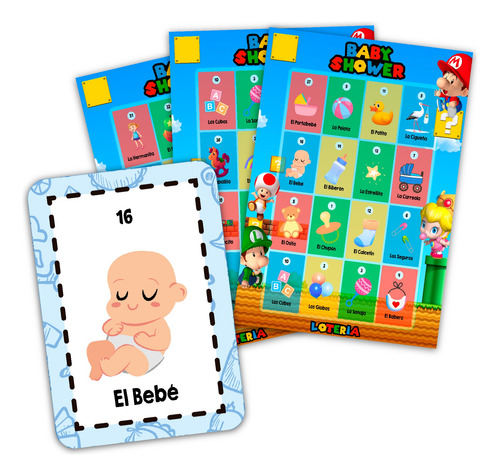 Lotería Baby Shower Mario Bros 100 Tablas Imprimibles Juegos