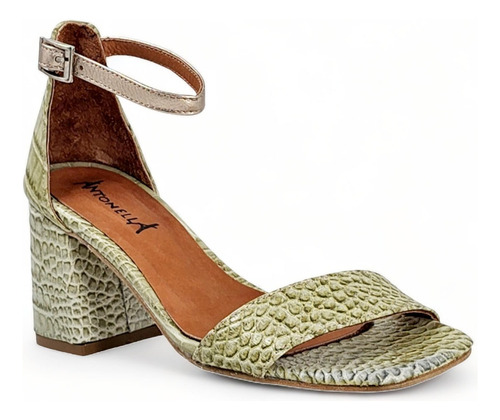 Sandalias Tulipa Antonella Cuero Croco Verde Taco Forrado