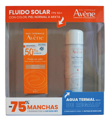 Kit Avene Fluido Solar Con Color 50ml Y Agua Termal 50ml