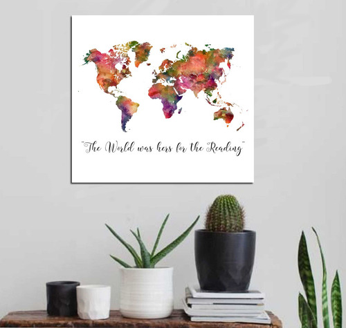 Cuadro 20x20cm Mapa Watercolor Frase Planisferio Mundo