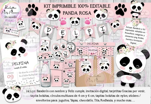 Kit Imprimible Candy Bar Panda Pandita Rosa 100% Editable