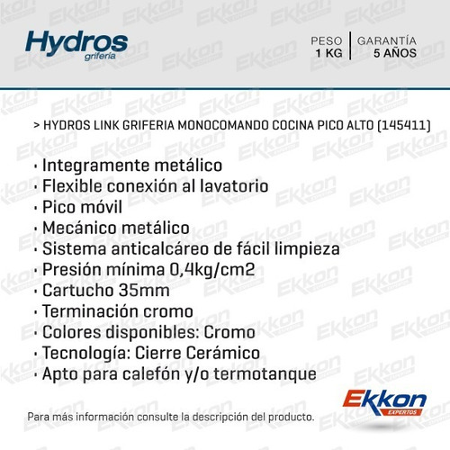 Imagen 2 de 9 de Grifería Monocomando Cocina Mesada Hydros Pico Alto 145411