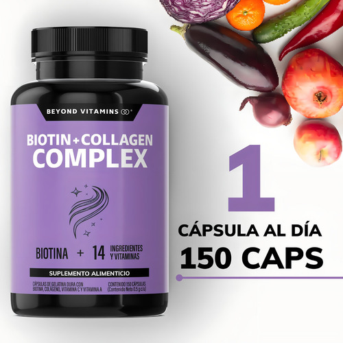 Biotin + Collagen Complex - Contiene Biotina + Colágeno + 15 Ingredientes Y Vitaminas - Colageno Biotina - Multi Collagen Peptides - Vitybell Vitaminas Mujer - Cabello Piel Uñas - 150 Cápsulas Sin Sabor
