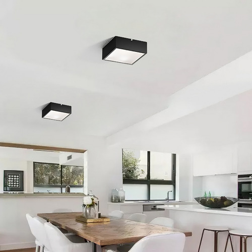 Plafon Lustre De Sobrepor 20cm Quadrado E27 Em Alumínio Cor Preto + 2 Led 9w Bulbo Branco Frio Mf209 Mega Forte Iluminação