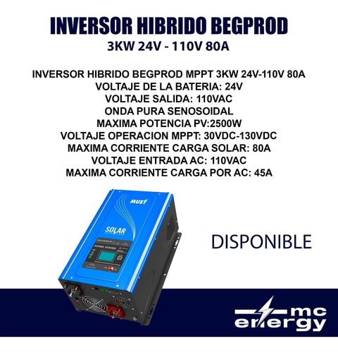 Imagen 1 de 1 de Power House Inversor Hibrido Begprod 3kw 24v 110v 80a