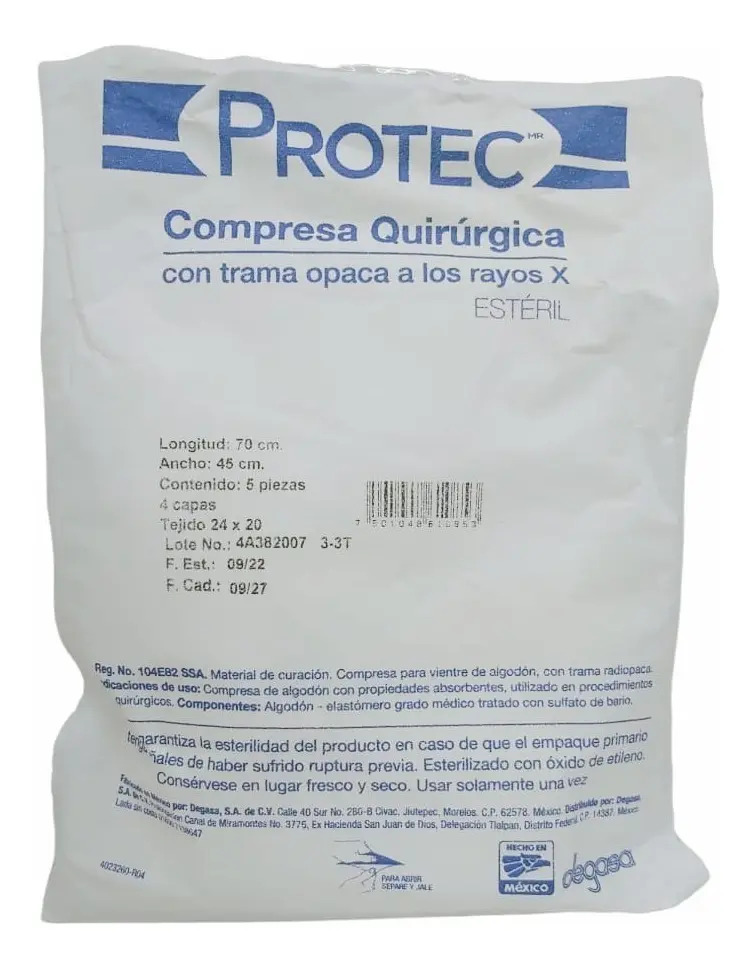Compresa Quirúrgica Para Vientre Esteril 24x20 Protec C/5 Pz