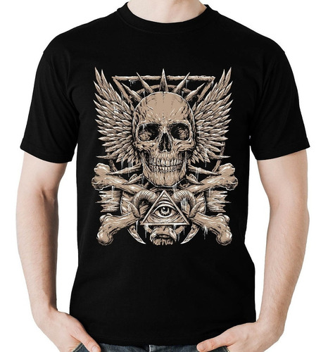 Imagem 1 de 5 de Camiseta Caveira Olho Piramide Penacho Rock Blusa Promoção