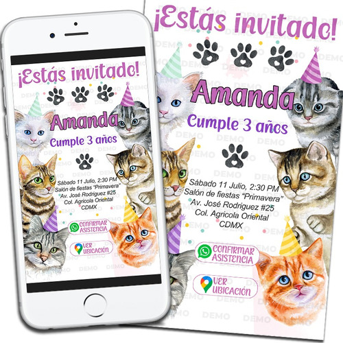 Gatos Cumpleaños Invitación Digital Interactiva