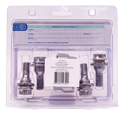 Bulones Tuercas Antirrobo Seguridad 206 207 208 308 Partner