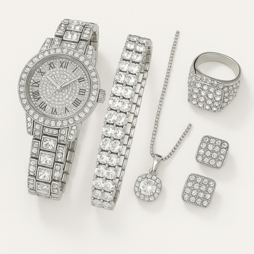 Relógio Feminino Strass Luxuoso Vinkin + Kit Acessórios Stra Correia Prateado