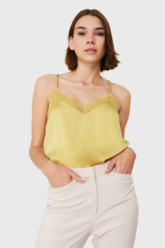 Top Tipo Satín Escote Encaje Amarillo Nicopoly