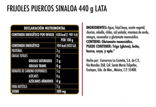 6 Latas Frijoles Puercos La Costeña Sinaloa 440 G C/u
