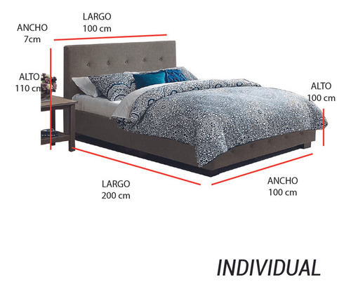 Recámara Alba Individual Lino Gris Base + Cabecera