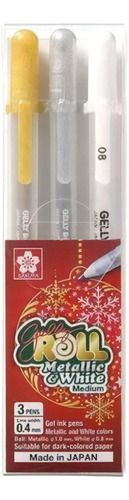 3 Plumas Gel Sakura Gelly Roll Metallic & White Medium Color De La Tinta Blanco, Oro Y Plata Color Del Exterior Blanco