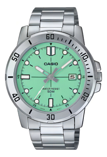 Reloj Casio Mtp-vd01d Colores Acero Inoxidable Correa Plateado Bisel Plateado Fondo Verde Claro