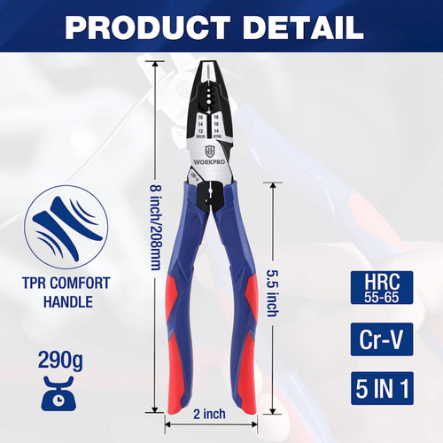 6-in-1 Linesman Pliers With Wire Cutter And Stripper, 8 Cci