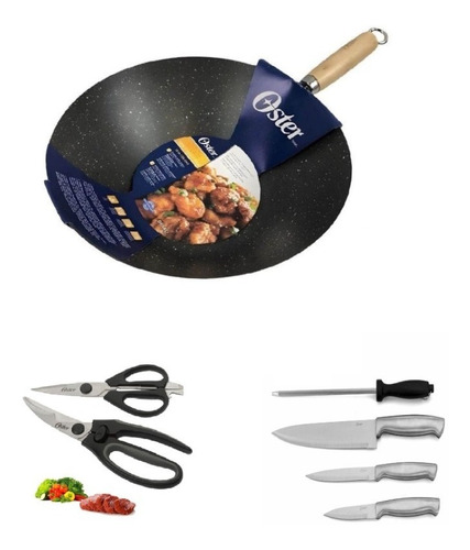 Oster: Sartén Wok + Juego De Cuchillos+ Juego De Tijeras 