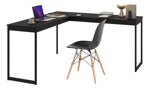 Set Mesa Em L Escrivaninha Industrial + 1 Cadeira Moderna Cor Mesa Preto cadeiras Preto