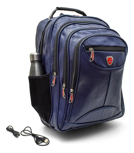 Mochila Bolsa Couro Masculina Notebook Impermeável Reforçada Cor Azul-marinho