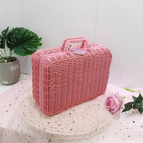Woven Suitcase Cosmetic Organizer Picnic Basket For Pink Xl