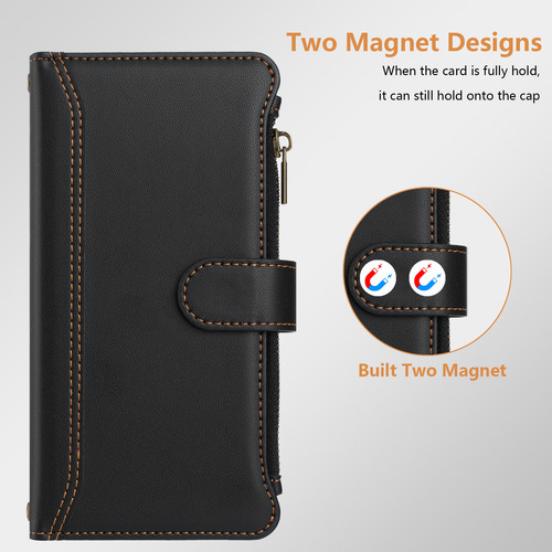 Funda De Piel Para Teléfono Motorola Series A Prueba De Golpes Con Correa Para La Muñeca, Ranuras Para Tarjetas, Soporte De Carga Inalámbrica, Negra