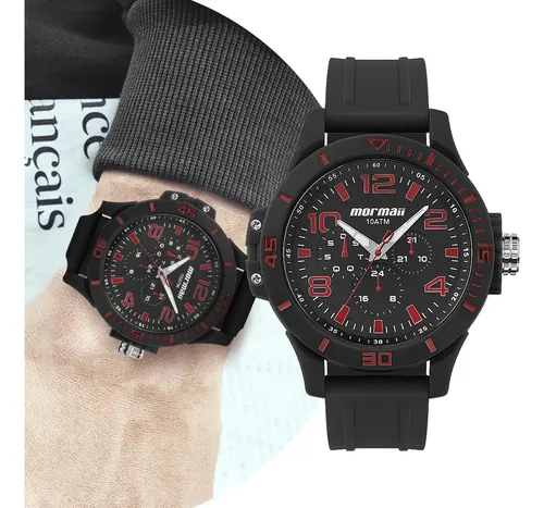 Relógio Masculino Analógico de Pulso Preto e Vermelho Redondo Grande Casual com Calendário Mormaii Mo6p29as/8r