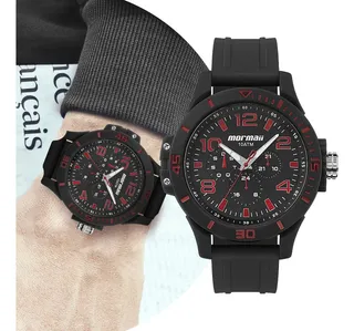 Relogio Masculino Analogico De Pulso Preto E Vermelho Redondo Grande Casual Com Calendario Mormaii Mo6p29as8r