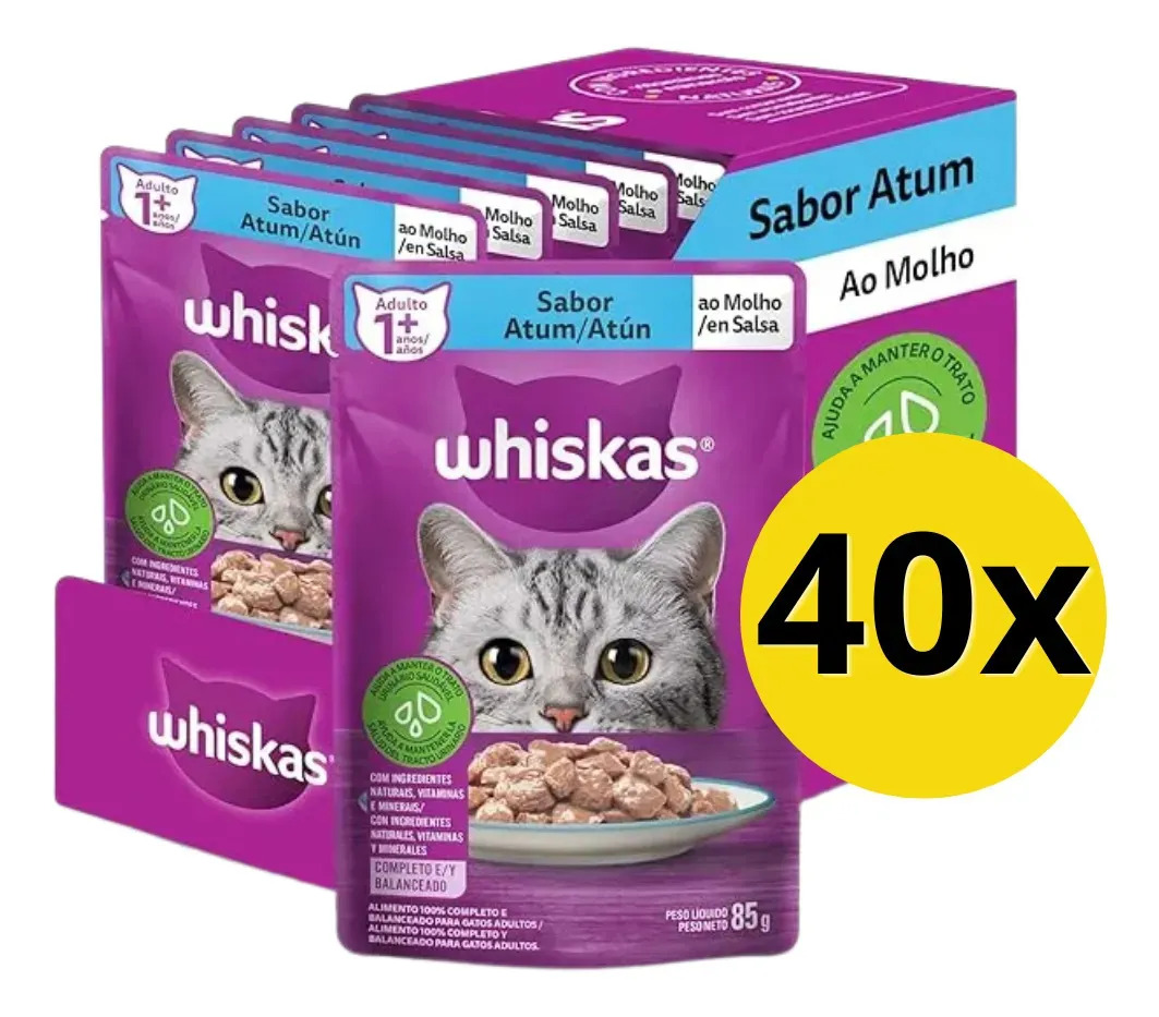 Pack Ração Úmida Whiskas Sachê Atum Molho Ad 85g 40 Und
