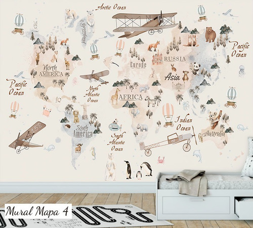 Vinilos Mural Mapa, Mapamundi Animales Deco Gigantografia