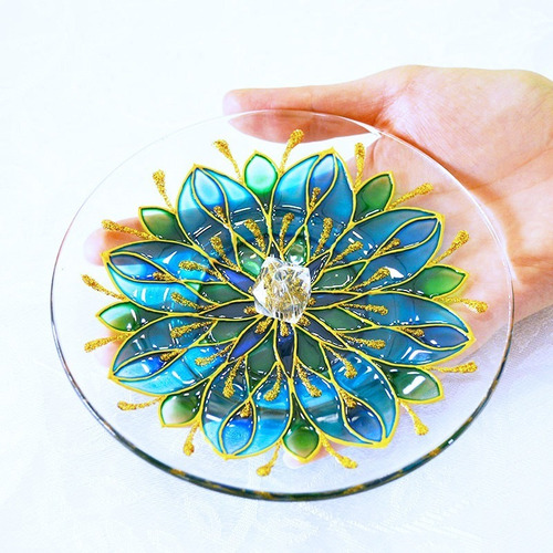 Imagem 3 de 4 de Incensário Mandala Flor Azul, Verde Dourado *sob Encomenda