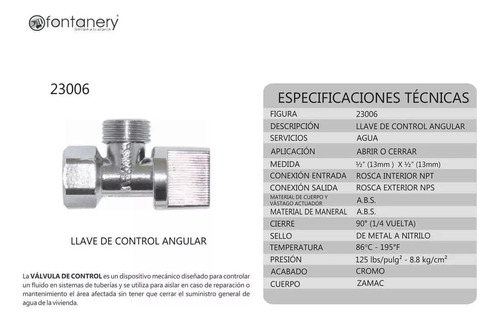 Pack 5 Llave Control Angular Metal Rosca 1/2 1/4 Giro Fonta