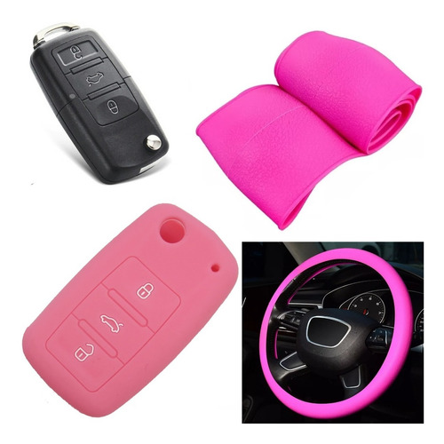 Cubre Volante + Funda Llave Silicona Volkswagen Gol - Rosa