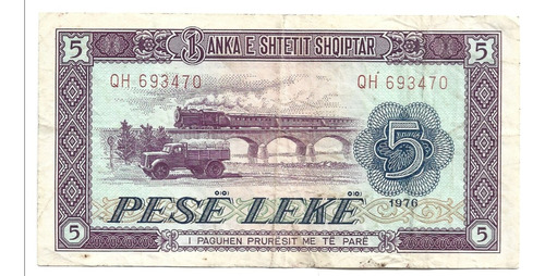 Liquido Billete De Albania. 5 Lek 1976 