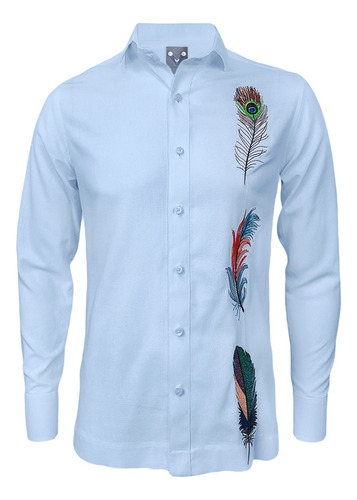Camisa Guayabera Color Marfil En Lino Bordada Con Plumas