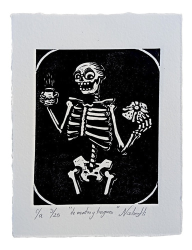 De Muertos Y Tragones- 15 X 20cm- Día De Muertos-linograbado