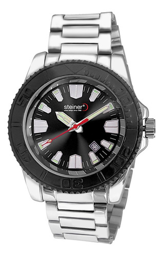 Reloj Steiner Analogo Extensible Acero Inoxidable Dial 3atm Correa Plateado Fondo Negro