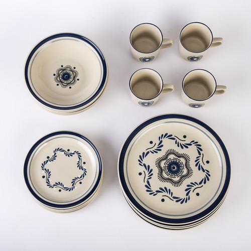 Vajilla De Porcelana Santa Anita De 16 Piezas Talavera Atlixco Color Blanco Y Azul