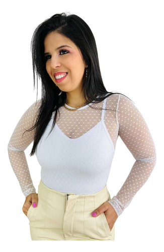 Blusinha Sobreposição Tule  Manga Longa Com Cropped Básico