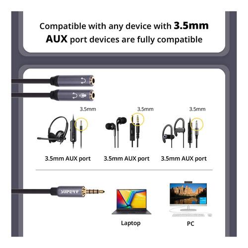 Superv 35 Mm Trrs Auriculares Y Cable Divisor, Adaptador Y