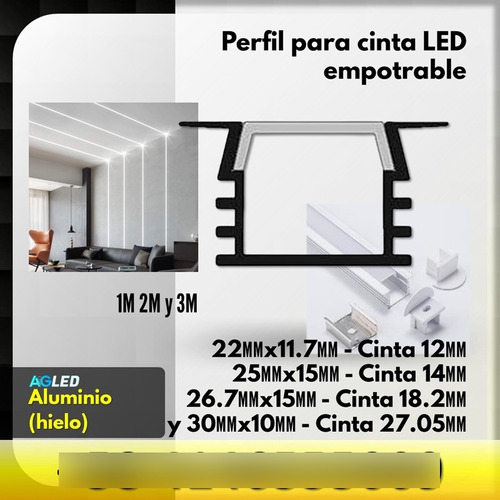 Perfil Empotrable 3m 22x11.7mm Para Cinta Led 12mm