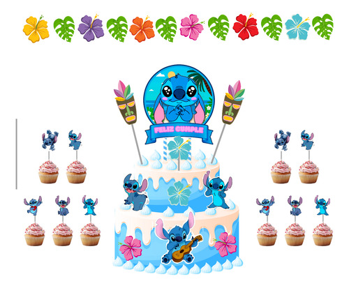 Adornos Torta Stitch Cumpleaños + Topper Y Cupcakes Kit Azul Stitch