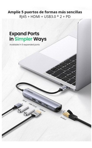 Adaptador Ugreen 5 In 1 Usb-c Multifunction Adapter - Gris