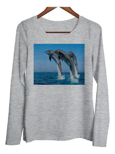 Remera Mujer Ml Delfines Mar Salto Salpicando Agua