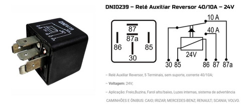 Rele 24v 05 Pinos Aux. 10/40a Reversor Sem Suporte - Dni0239