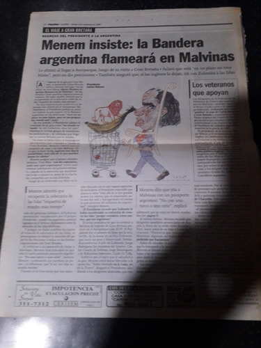 Tapa Diario Clarín 03 11 1998 Menem Venta Ilegal Armas (Usado)