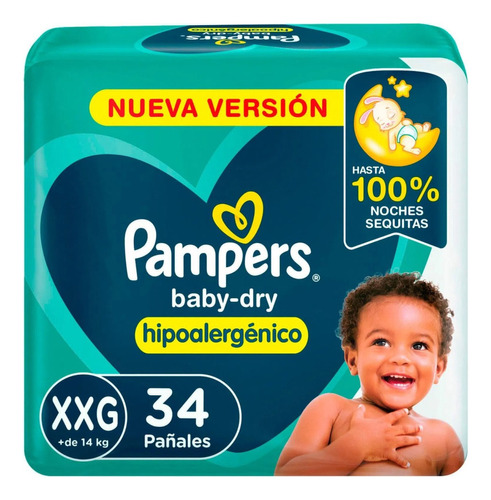 Pampers Baby Dry Hipoalergénico, Pañales Desechables Talle XXG 34 Unidades